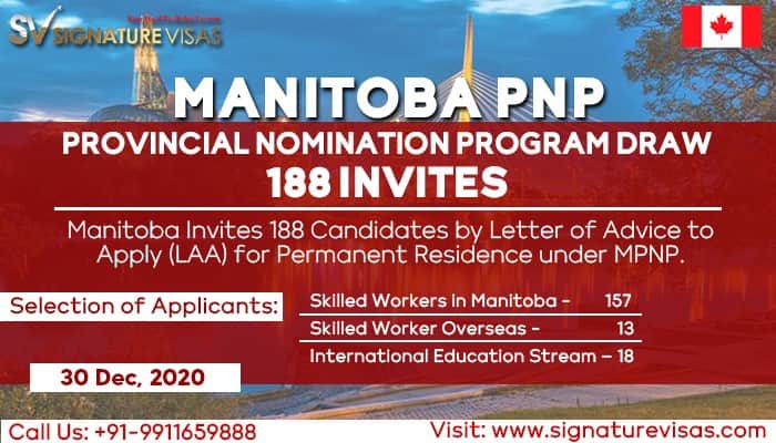 188 Candidates Selected in Latest Manitoba PNP draw held on 30 December 2020